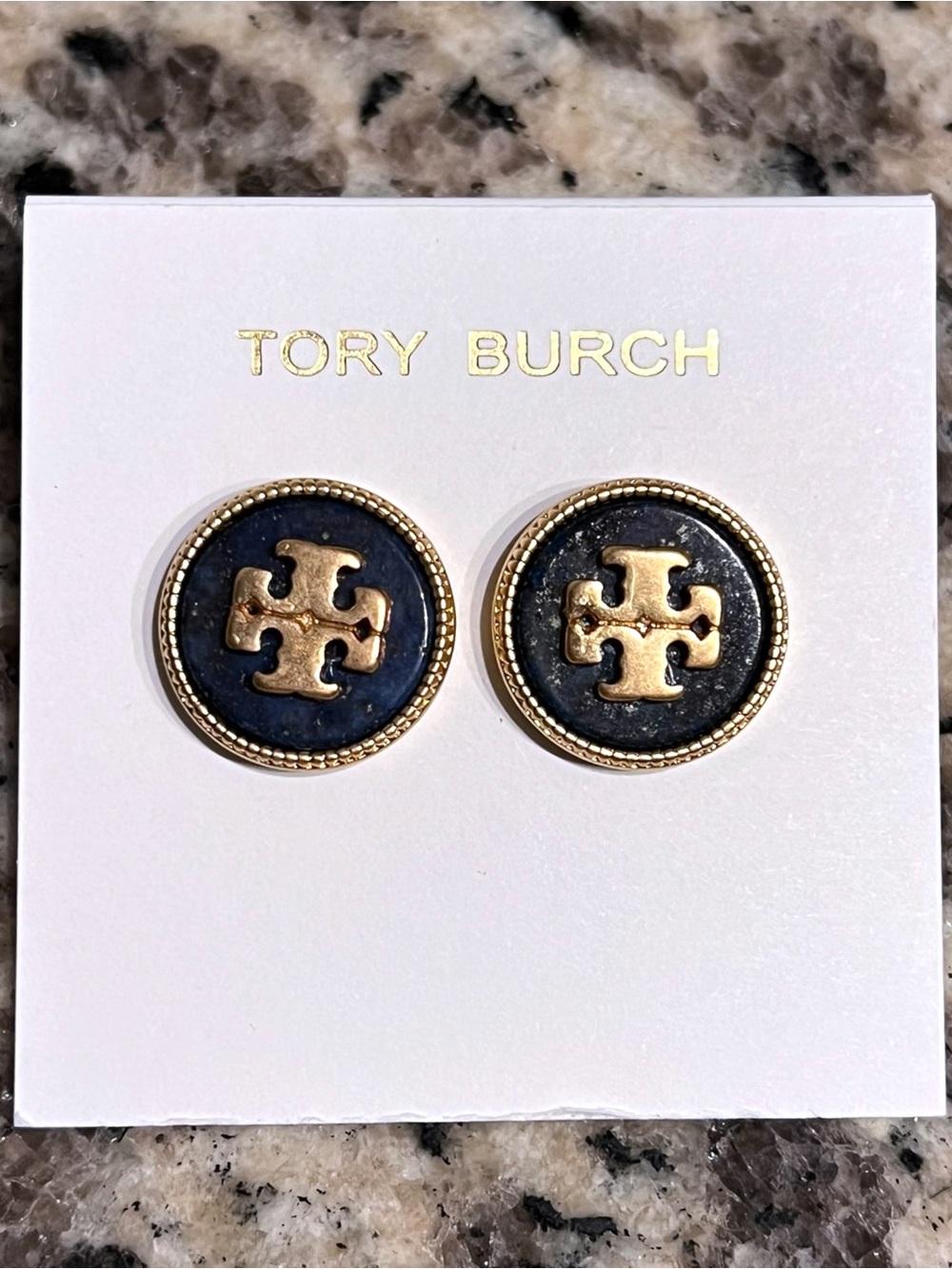 Tory Burch Lapis Gold Logo Round Stud Earrings
